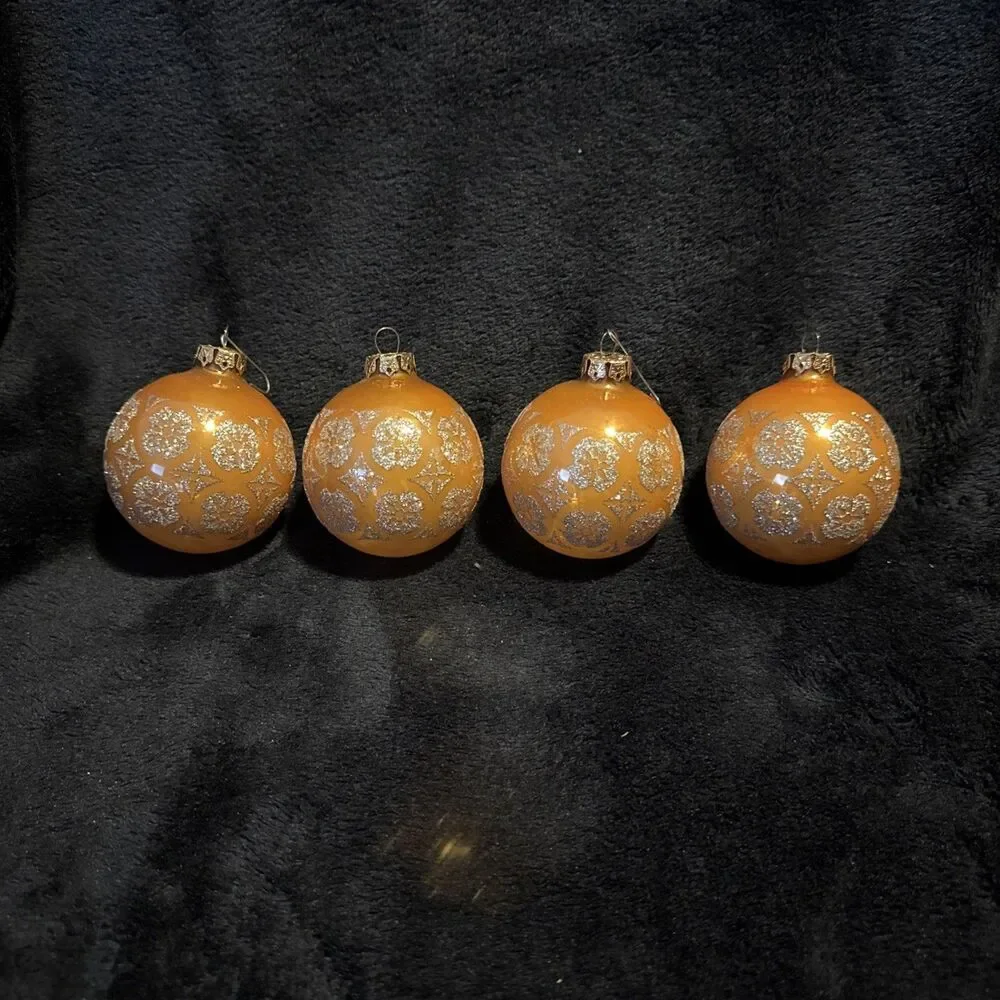 4 Vintage 50s Shiny Brite Gold Glitter Designs Christmas Ornaments